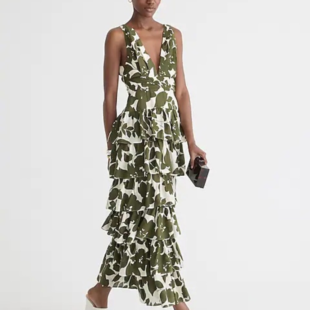 J.Crew Collection Plunge-neck Tiered Dress in Leafy Floral